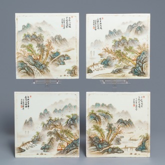 Quatre plaques de forme carré en porcelaine de Chine qianjiang cai, 20ème