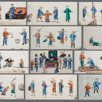 Twelve Chinese framed 'punishment' rice paper paintings, Canton, 19th C.