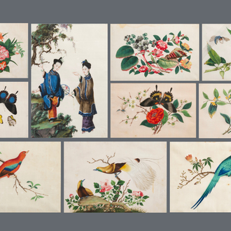 Ten Chinese framed rice paper paintings with mostly butterflies and birds, Canton, 19th C.