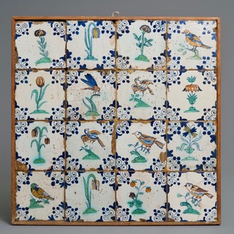 Sixteen polychrome Dutch Delft tiles with birds and flowers, Gouda, 17th C.