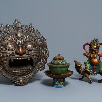 A Tibetan silver-inlaid bronze mask, a figure of Mahakala and a jade bowl on stand, Tibet, 19/20th C.