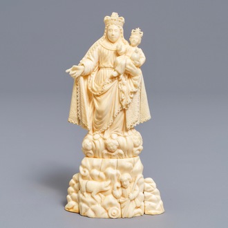 An Indo-Portuguese carved ivory figure of the Madonna with child, Goa, 19th C.