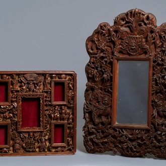 Two Chinese carved wood frames with dragons and figures, ca. 1900