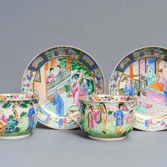 Une paire de tasses et soucoupes en porcelaine de Chine famille rose de Canton, datées 1831