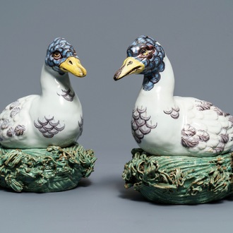 A pair of polychrome Dutch Delft duck-shaped tureens, 18th C.