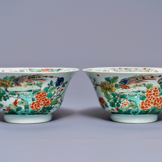 A pair of Chinese famille verte 'peacock among blossoms' bowls, Kangxi