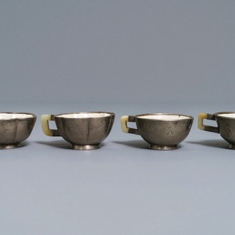 Two pairs of inscribed Chinese jade and pewter-mounted Yixing stoneware cups, 19/20th C.