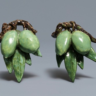 Two pairs of polychrome Dutch Delft models of olives, 18th C.