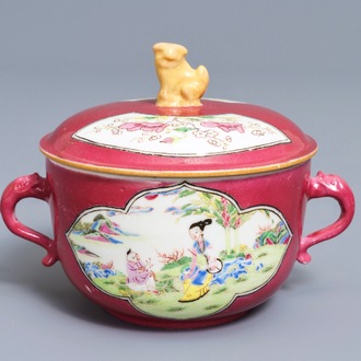 A Chinese famille rose ruby-ground two-handled bowl and cover, Yongzheng