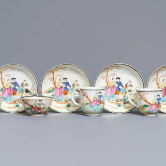 Four fine Chinese famille rose 'European subject' cups and saucers, Qianlong