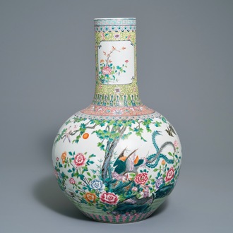 A Chinese famille rose tianqiu ping vase with birds among foliage, Qianlong mark, 20th C.