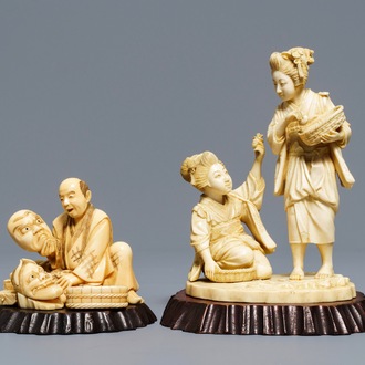 Deux okimonos en ivoire sculpté, Japon, Meiji, 19ème
