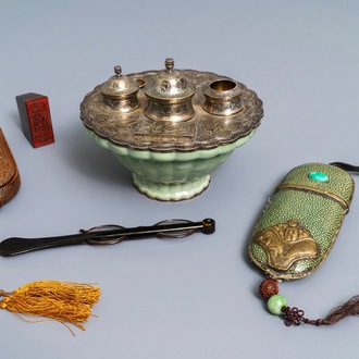 A Chinese celadon bowl with silver inkwell mount, two spectacle cases, a horn seal and a lorgnette, 19/20th C.