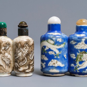 Deux tabatières doubles en porcelaine de Chine à décor de dragons, 19ème