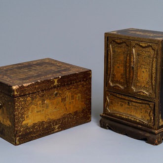 A Chinese gilt-lacquered cabinet and a box, Canton, 19th C.