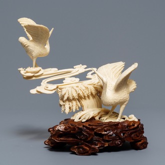 A Chinese ivory group of cranes among clouds, ca. 1920