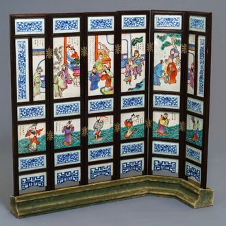 A Chinese inscribed famille rose six-piece tablescreen, 19th C.