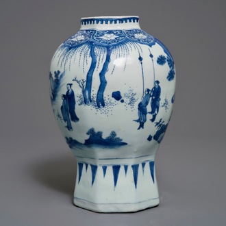 A Chinese blue and white baluster vase with figural design, Transitional period