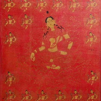 Un thangka à décor de Tara Verte sur fond rouge, Tibet, 17/18ème