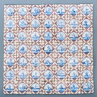 Un ensemble de 96 carreaux en faïence de Delft bleu, blanc et manganèse, 18ème