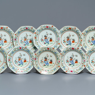 Ten deep octagonal Chinese famille rose 'rooster' plates, Qianlong