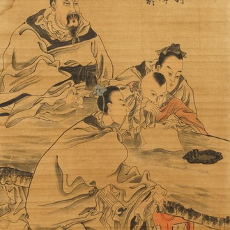 Ecole chinoise, Qing, 19ème: Leçon de calligraphie, encre et couleurs sur papier, monté en rouleau