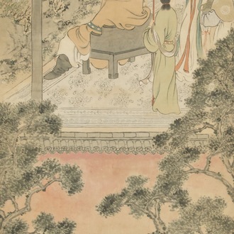 Gu Jianlong (Chine, 1606-1687): Figures dans un jardin, encre et couleurs sur papier, monté
