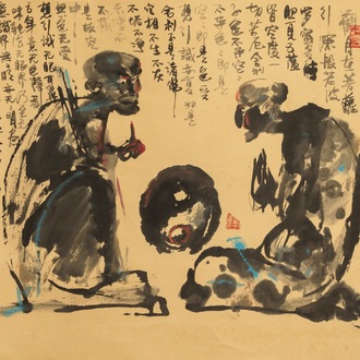 Chinese school, 20th C.: Two figures and calligraphy, ink and color on paper, mounted on scroll