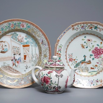 Two fine Chinese famille rose plates and a teapot and cover, Yongzheng/Qianlong