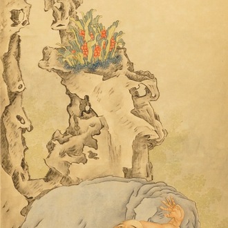 Shen Zhaohan (Xinhai) (China, 1855 - 1941): Bouddha aux enfants, encre et couleurs sur papier, monté en rouleau