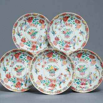 Five Chinese famille rose dishes with flowers and pheasants, Qianlong