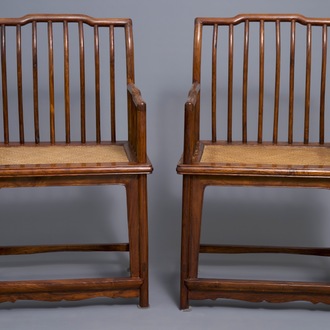 A pair of Chinese huanghuali wood chairs, Republic, 20th C.