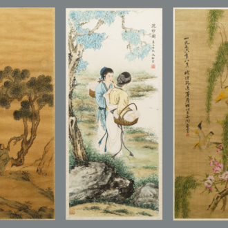 Qiu Qiyun, He Dunren, Chen Shoumei (China, 20th C.): three framed works, ink and color on paper