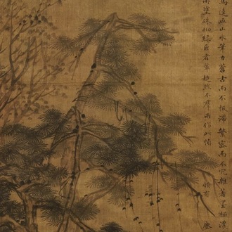 Chinese school, Qing, naar Wang Fu (1362-1416): Landschap met figuren, inkt en kleur op zijde, gemonteerd op rol