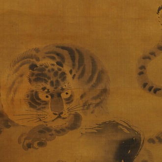 Ecole japonaise, Edo, 18/19ème, d'après Kano Masanobu, encre sur soie: Un tigre sur un rocher