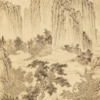 Wu Hufan (China, 1894-1968): Berglandschap met figuur, inkt op papier, gemonteerd op rol