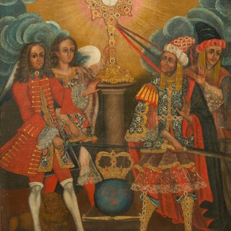 École de Cuzco, Pérou: L'empéreur Charles II en défense de l'Eucharistie, huile sur toile, 17ème