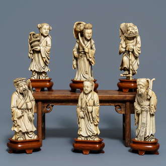 Six Chinese carved ivory figures of immortals, 19th C.