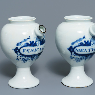 A pair of Dutch Delft blue and white wet drug jars, 18th C.