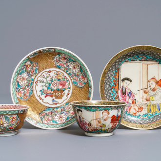 Deux tasses et soucoupes en porcelaine de Chine famille rose, Yongzheng/Qianlong