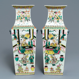 A pair of square Chinese famille rose vases with warriors and court scenes, 19th C.