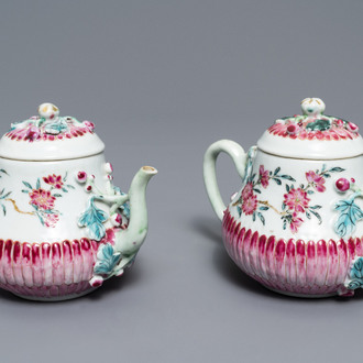 Two Chinese famille rose relief-moulded 'lotus' teapots and covers, Yongzheng