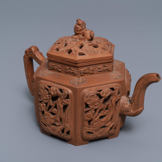 A Chinese Yixing stoneware reticulated teapot and cover, Kangxi