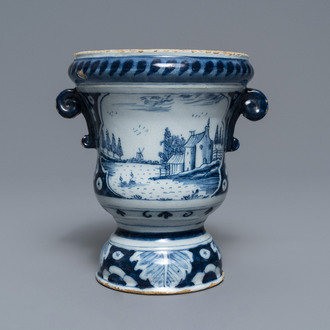 A fine Dutch Delft blue and white 'campana' urn flower pot, 18th C.