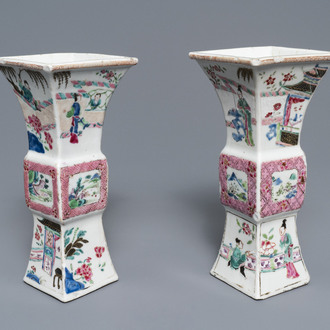 A pair of square Chinese famille rose 'Romance of the Western chamber' vases, Yongzheng