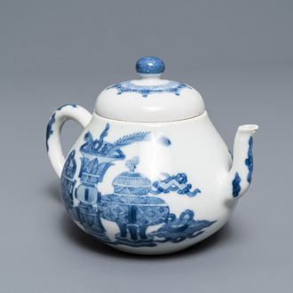 A Chinese blue and white teapot and cover with antiquities, Jiajing mark, Kangxi