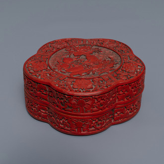 A Chinese carved cinnabar lacquer box and cover, Wanli mark, 18/19th C.