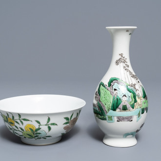 A Chinese famille verte vase and an 'anhua' dragon bowl, Kangxi mark, 19th C.