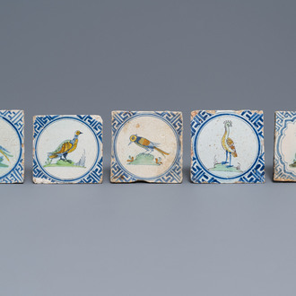 Five polychrome Dutch Delft tiles with birds and a deer, 1st half 17th C.