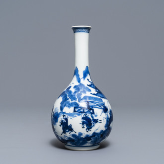 A Chinese blue and white bottle vase with figures in a landscape, Kangxi